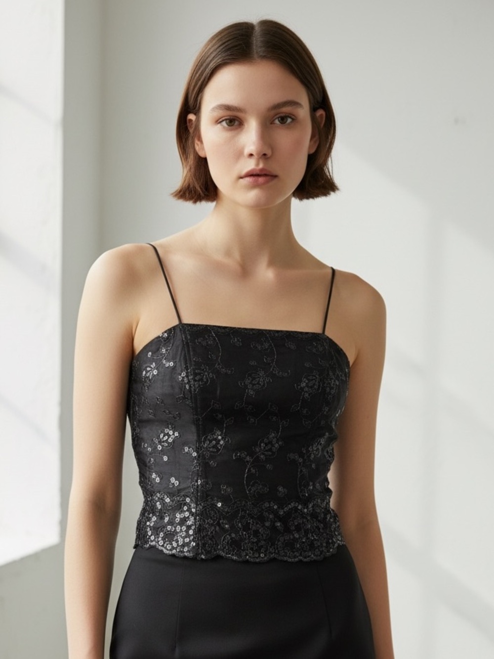 Aspeed Vintage Black Beaded Floral Lace Spaghetti Strap Bustier Top